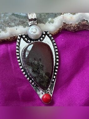 Artisan Silver Dragon Blood Stone  Pendant with Pearl and Coral Accent